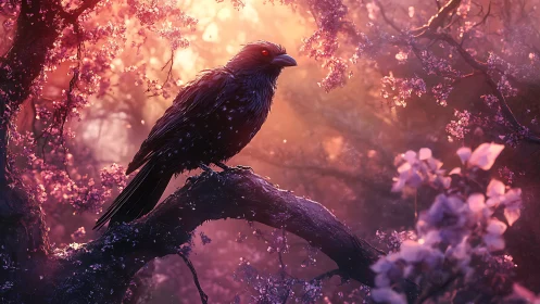 Raven oracle glows amid enchanted rose dawn blossoms.