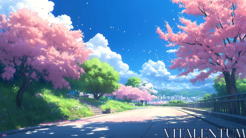 Petal-bright avenue drifting beneath a cloud-painted sky.