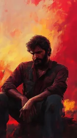 Brooding wanderer wrapped in wildfire dusk and quiet regret.