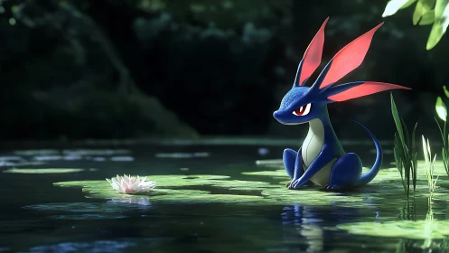 Bioluminescent blue creature on sunlit lily pad in forest pond