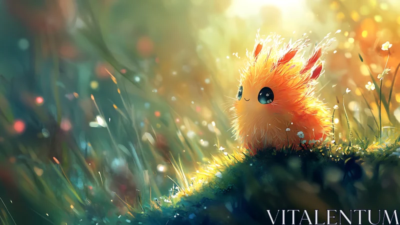 Fluffy orange creature on mossy ground in bright meadow light.