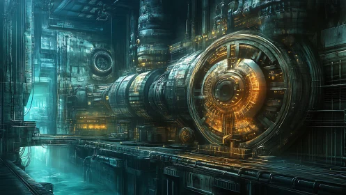 Colossal cyberpunk reactor dominates flooded industrial chamber