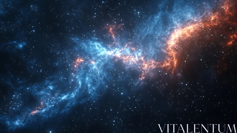 Streaks of blue and orange nebulae drift gently through space