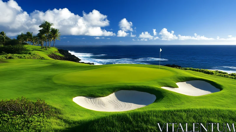 Coastal golf green with bunkers beside deep blue ocean.
