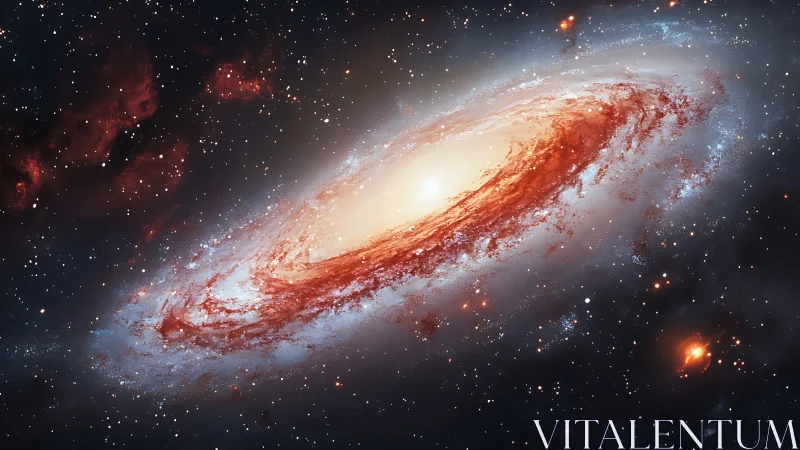 Spiral galaxy with bright core and red dust lanes in space.