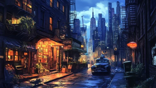 Rain-soaked neon alley frames a nostalgic city nightscape