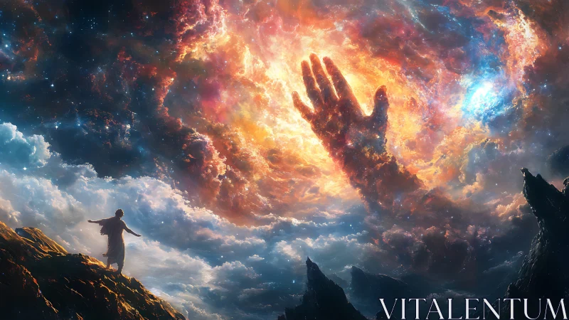 Vast celestial hand emerging above lone summit wanderer.