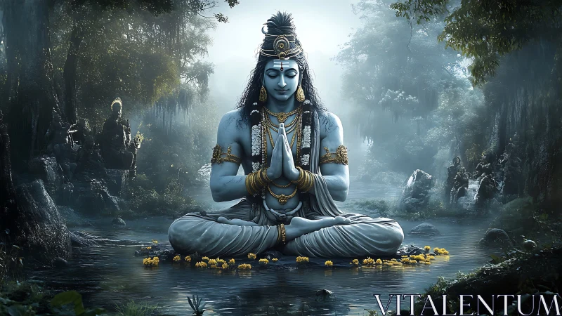 Riverborn blue deity in forest hush, dreaming of stillness.