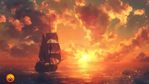 Golden sunset cradles a tall ship sailing into calm horizons