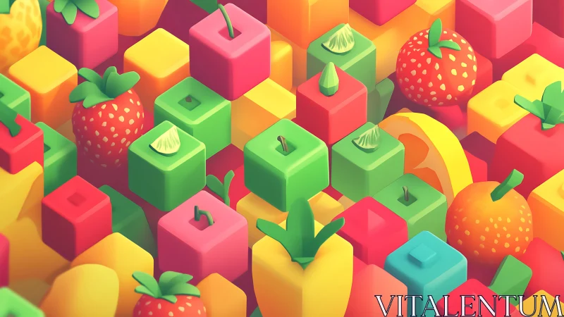 Geometric fruit cubes in vibrant isometric candy palette.
