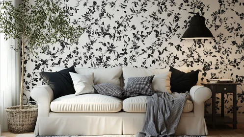 Neutral living room with floral wallpaper and white sofa.
