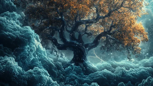 Stormborne aurora tree rising from frozen celestial waves.