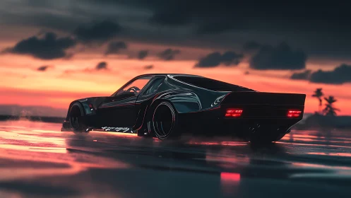 Midnight muscle machine stalking neon-soaked ocean dusk.