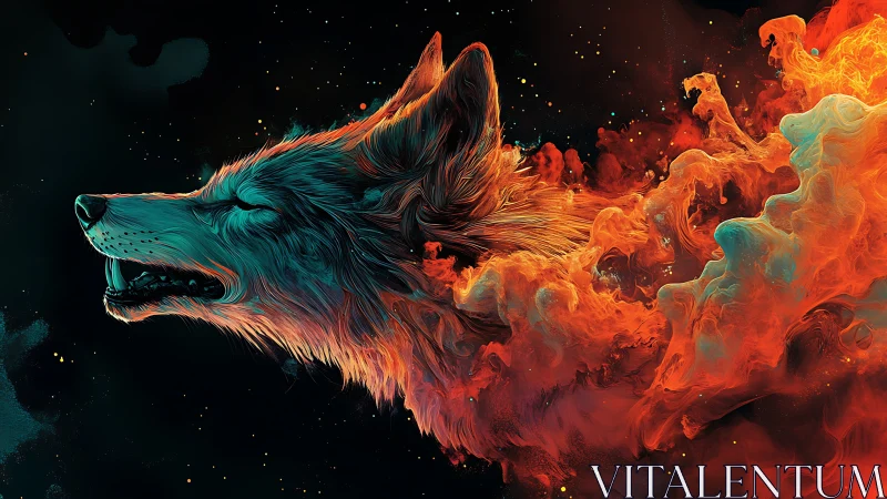 Neon wolf silhouette dissolving into fiery cosmic smoke.