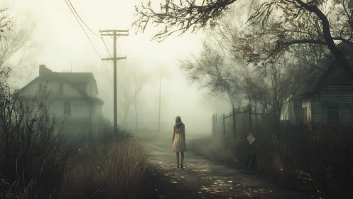 Solitary figure on foggy rural road between old houses.