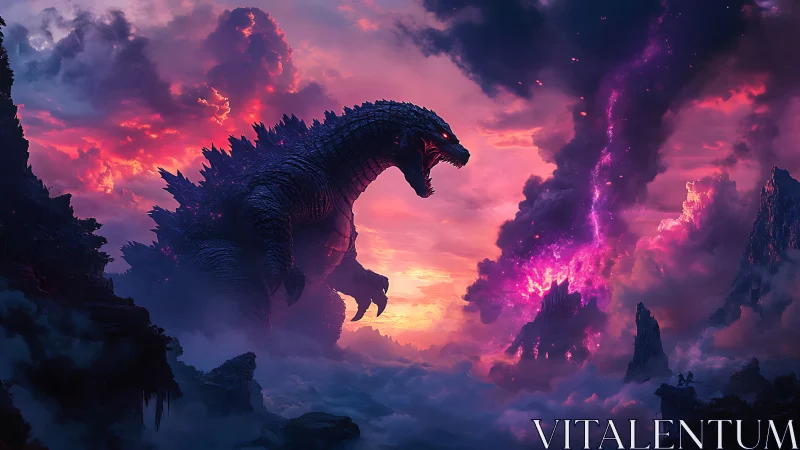 Giant reptilian kaiju amid stormy neon volcanic clouds.