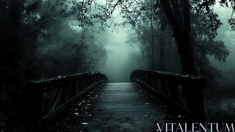 Moonless wooden bridge tiptoes into a mist-drowned forest