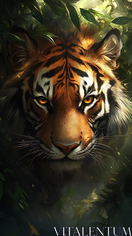 Tiger head emerging from dense green foliage in shade.