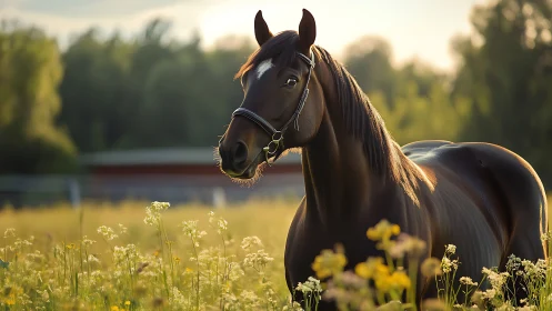 Sunlit bay horse listens to summer whispers in wildflowers