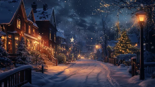 Snowy small town street with calm winter holiday lights.