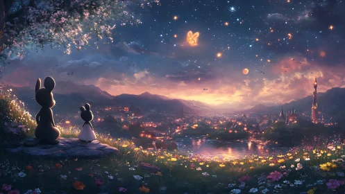 Stargazing bunny guardians over a glowing river kingdom.