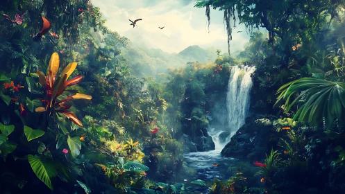 Lush tropical jungle surrounds waterfall and misty valley