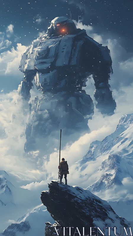 Lone climber confronts colossal snowbound mech in storm