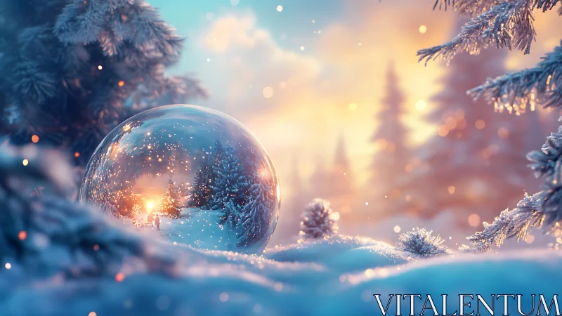 Winter forest orb reflecting snowy sunset landscape.