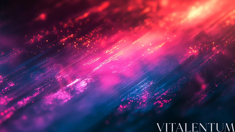 Chromatic particle streaks traverse a neon magenta-blue gradient