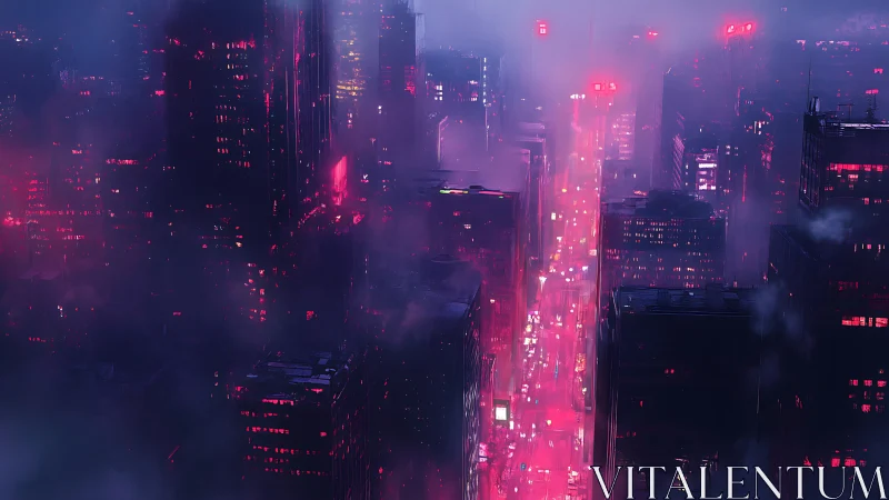 Neon magenta arterial street slices through fogbound cyber city