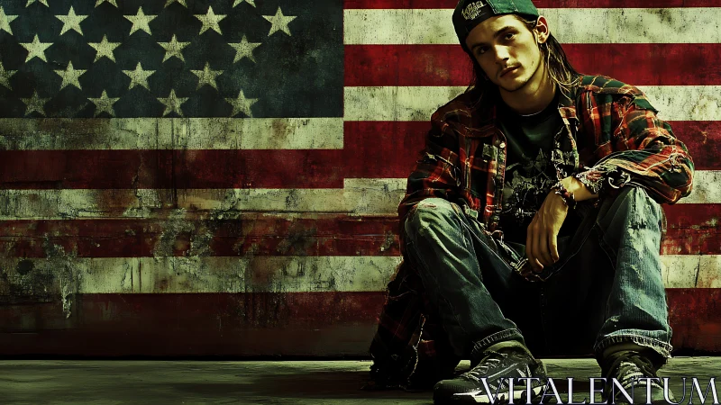 Brooding youth slumps against a distressed American flag wall