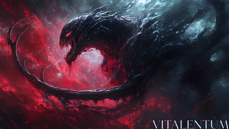 Voidborn shadow serpent erupts through crimson cosmic storm.