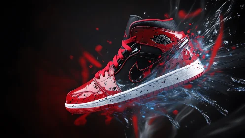 Crimson splash sneaker ignites midair with liquid motion flair.