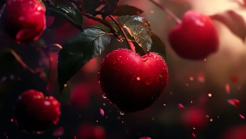 Heart shaped apple glowing softly in a dreamy orchard.