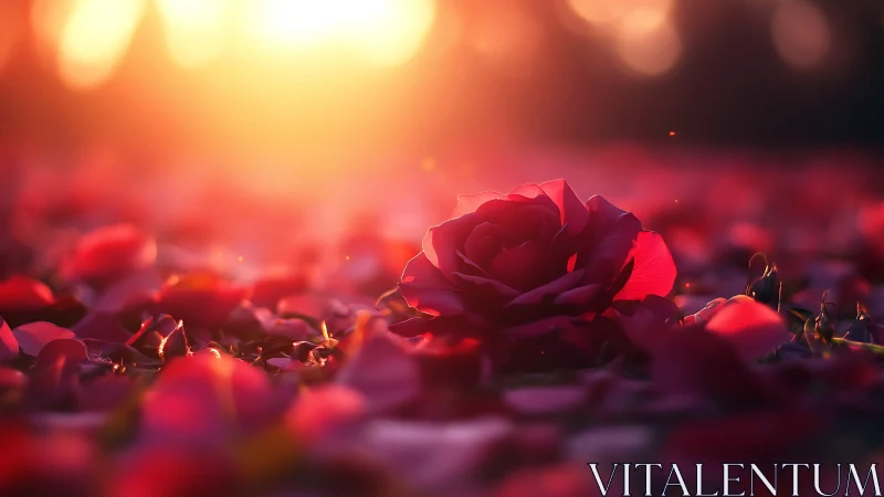 Deep Crimson Rose Illuminated by Golden Sunset Bokeh.