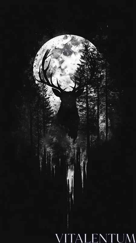 Majestic stag silhouette emerges beneath a haunting moon.