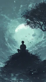 Moonlit dreamer sits quietly beneath a swirling night sky