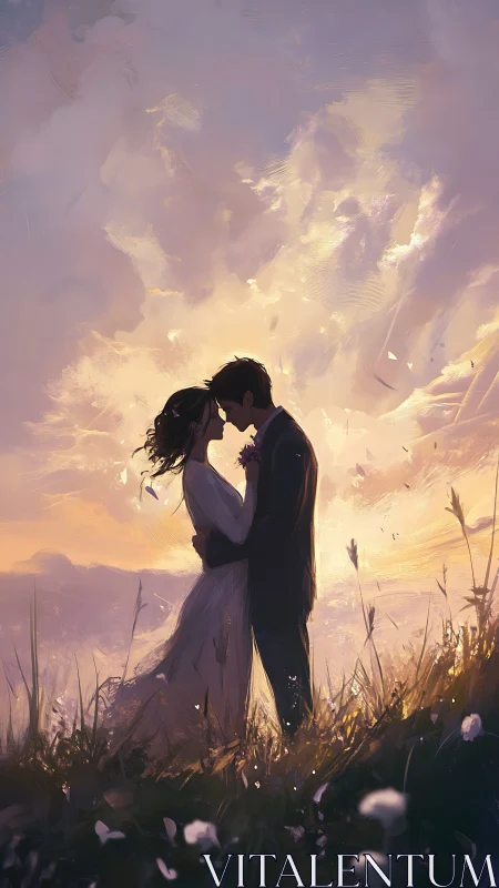 Couple's Sunset Embrace in Wildflower Field
