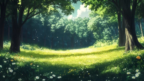 Sunlit Forest Clearing with Wildflowers and Ancient Trees