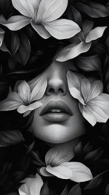Monochrome female face partially obscured by large flowers.