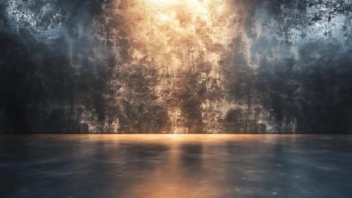 Textured metallic wall with directional warm light and reflective floor