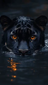 Black Panther Portrait in Water with Amber Eyes.