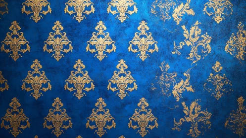 Gold damask ornamental pattern on textured blue background.