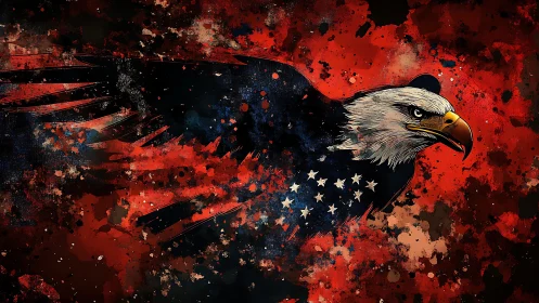 Bald eagle with abstract red and blue splatter backdrop.