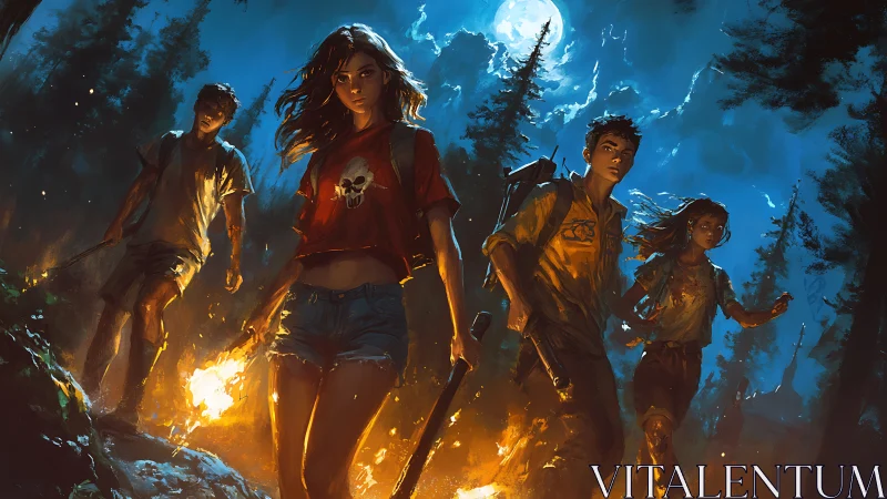 Teen group trekking through burning forest at night.