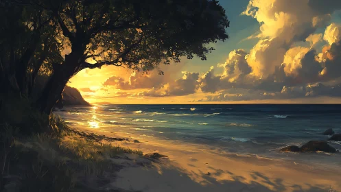 Golden hour shoreline beneath sprawling coastal tree canopy.