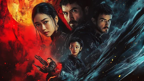 Sci fi ensemble before burning moon and storm-swept void.