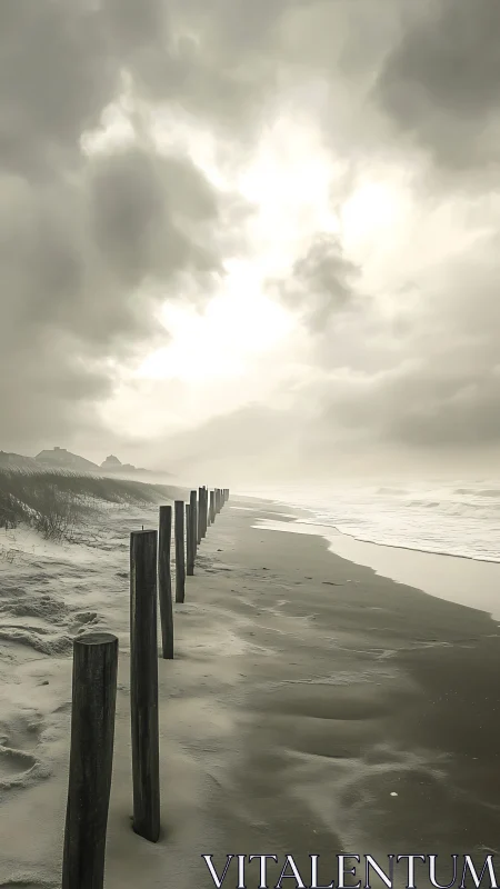 Weathered shore posts march into a mist-dimmed horizon