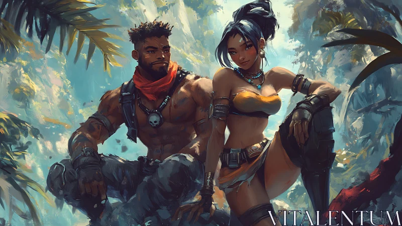 Adventurous duo resting together in a sunlit jungle hideaway.