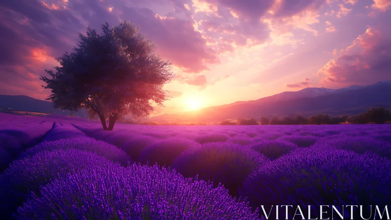 Solitary tree overlooks glowing lavender field at sunset